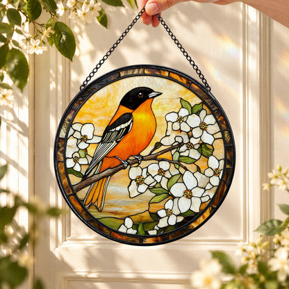 Yellow Oriole Bird and white blossoms stained glass suncatcher – second product photo