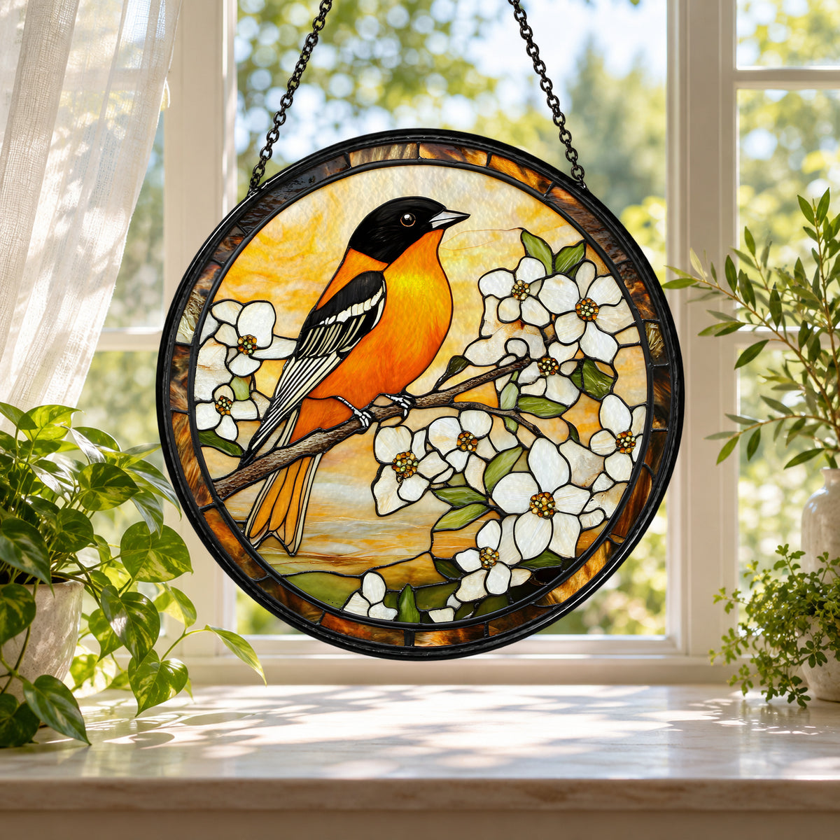 Yellow Oriole Bird stained glass window hanging with white blossoms – third product photo