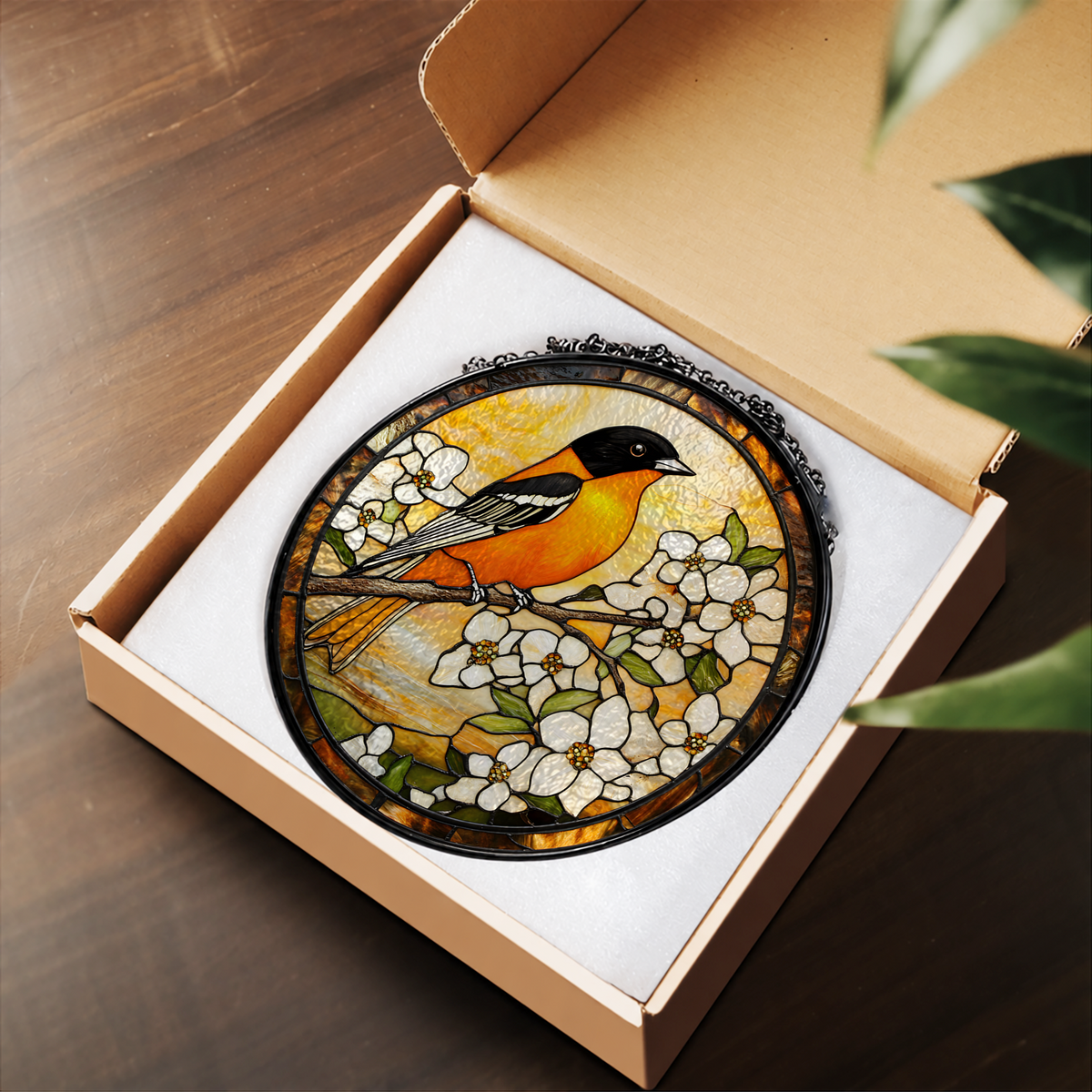 Yellow Oriole Bird on White Flower Branch stained glass suncatcher – printed design artwork