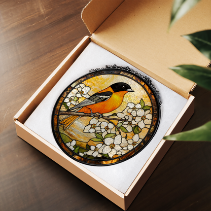 Yellow Oriole Bird on White Flower Branch stained glass suncatcher – printed design artwork