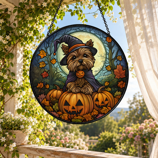 Yorkshire Terrier with Halloween Pumpkin stained glass suncatcher window hanging – front design view